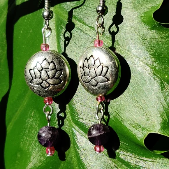 Amethyst & Lotus Bead Handcrafted Earrings - Picture 3 of 4